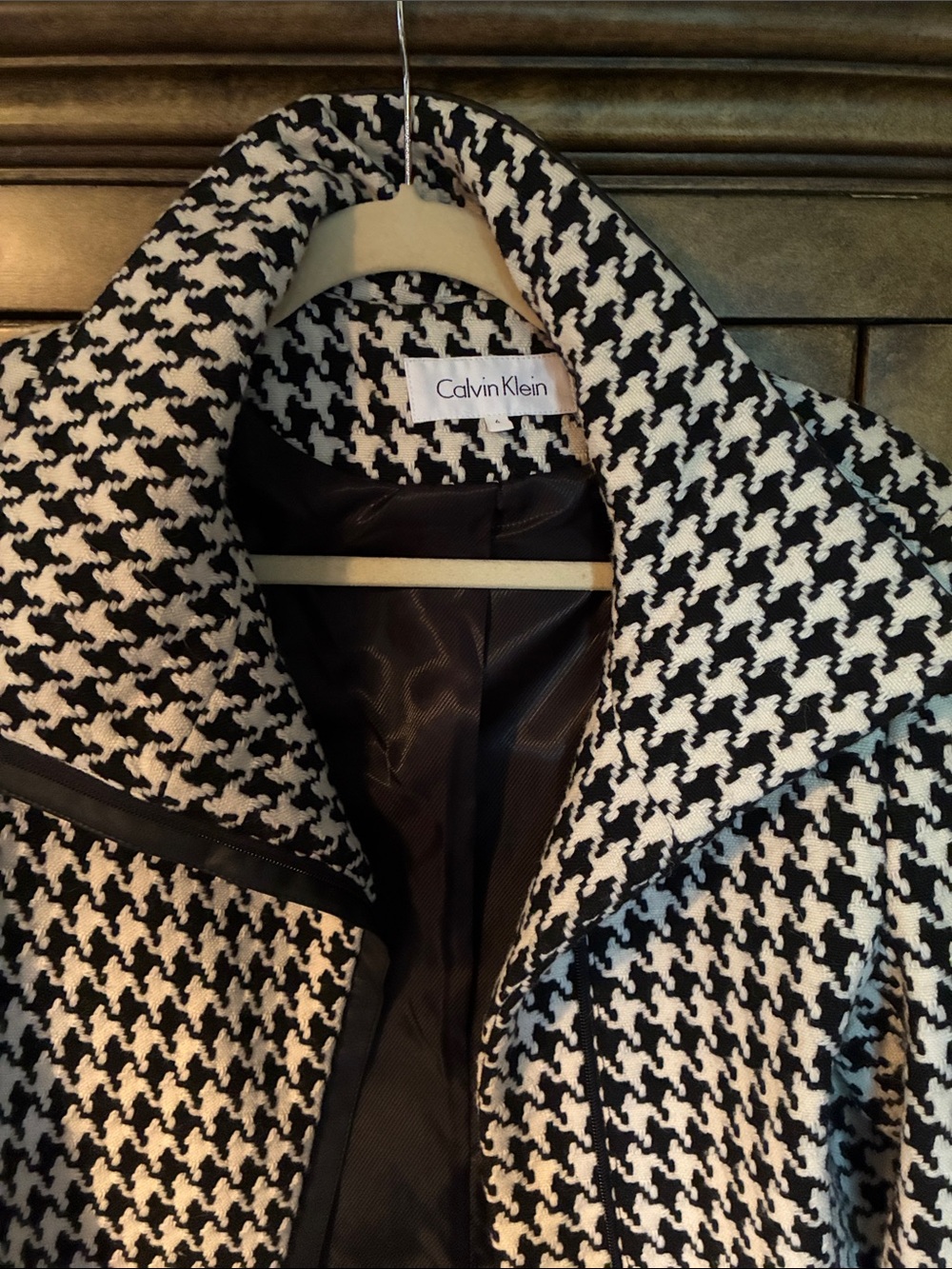 Calvin Klein Black and White Houndstooth Pea Coat
